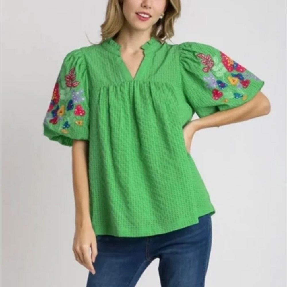 Umgee L Embroidered Balloon Sleeve Seersucker Babydoll Top Blouse Kelly Green